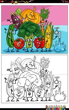 Cartoon vegetable characters group coloring page Stock Illustration