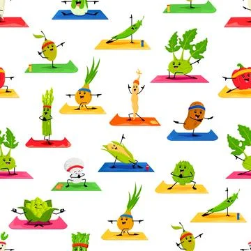 Cartoon vegetable characters on yoga, pattern Stock Illustration