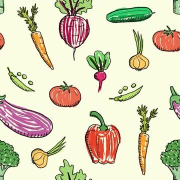 Cartoon vegetable vector. Seamless doodle vegetable texture. イラスト素材