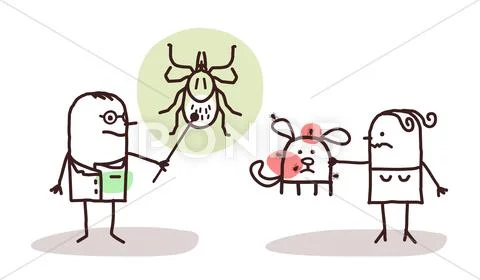 Cartoon veterinarian with wife and dog ticks Stock Illustration