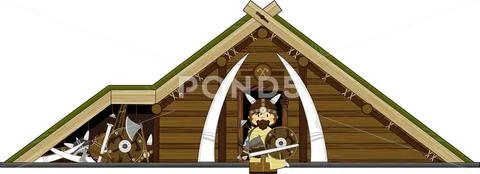 Cartoon Viking Warrior and Hut Stock Illustration