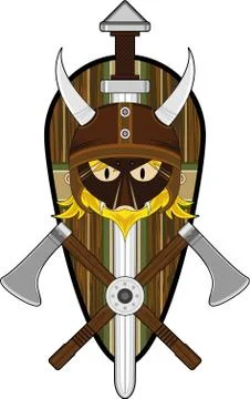 Cartoon Viking Warrior with Shield Axe and Sword 库存插图
