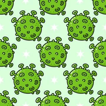 Cartoon virus pattern on a soft green background with star shapes. Stock Illustration