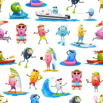 Cartoon vitamins on vacation seamless pattern Stock Illustration