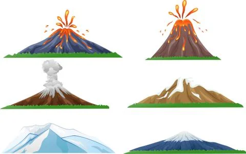 Cartoon volcano eruption set Illustrazione stock