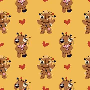 Cartoon voodoo dolls seamless pattern. Scary stitched patchwork toys, rag Stock Illustration
