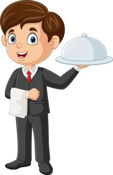 Cartoon waiter boy holding a serving tray Stock Illustration