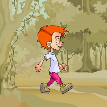 Cartoon walking in the forest red haired boy Stock Illustration