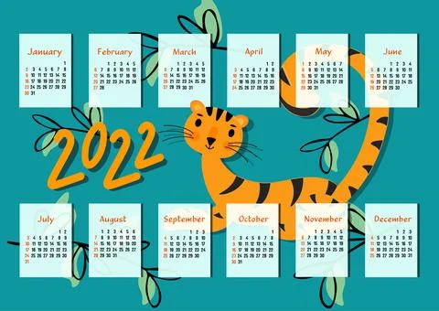 Cartoon wall calendar for 2022 with cute tiger cub. A4 size horizontal templa Stock Illustration