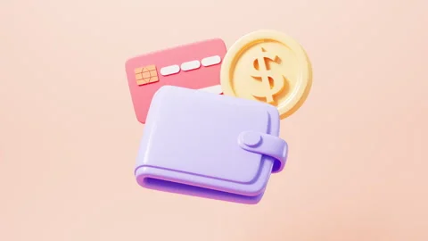 Cartoon wallet, splashing coins and bank cards with pink background, 3d ren.. Stock Footage 301851153