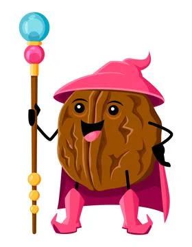 Cartoon walnut nut funny wizard warlock character Stock Illustration