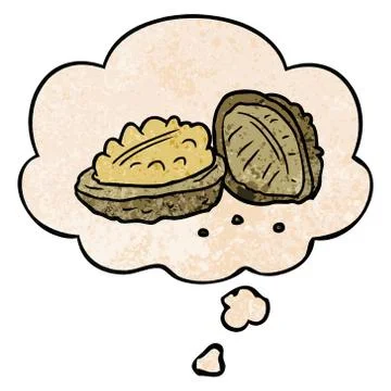 Cartoon walnuts and thought bubble in grunge texture pattern style Stock Illustration