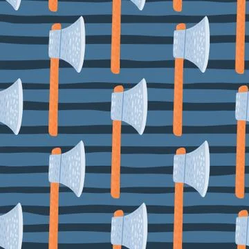 Cartoon war seamless pattern with simple ax shapes. Navy and blue striped bac 스톡 일러스트