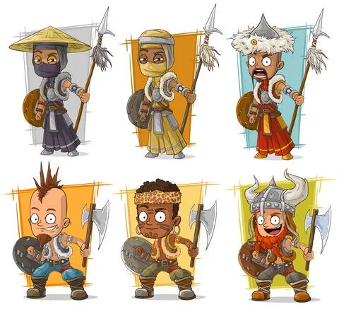 Cartoon warriors with spear character vector set Stock Illustration