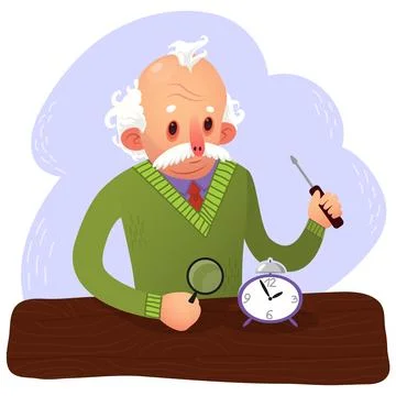 Cartoon watchmaker vector illustration. Old craft person looking on broken Stock Illustration