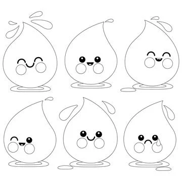 Cartoon water drop characters. Vector black and white coloring page Stock Illustration