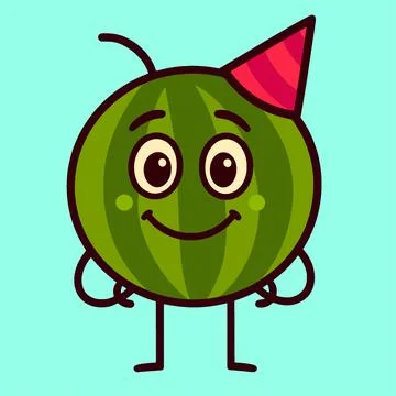 Cartoon Watermelon Character Wearing Party Hat on a Light Blue Background. Illustrazione stock