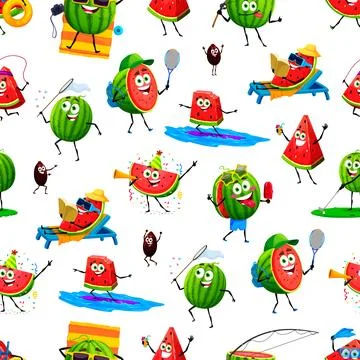 Cartoon watermelon characters seamless pattern 스톡 일러스트