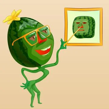 Cartoon watermelon with glasses holding pointer in his hand.  Stock Illustration