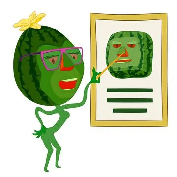 Cartoon watermelon with glasses holding pointer in his hand.  스톡 일러스트