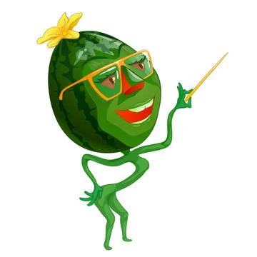 Cartoon watermelon with glasses holding pointer in his hand.  Stock Illustration