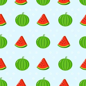 Cartoon watermelon pattern featuring fresh watermelon slices and whole wate.. Stock Illustration