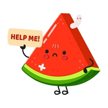 A cartoon watermelon slice is asking for help because a worm is on it. Illustrazione stock