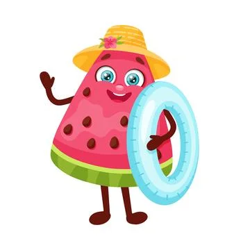 Cartoon watermelon slice character with hat and inflatable ring. Stock Illustration