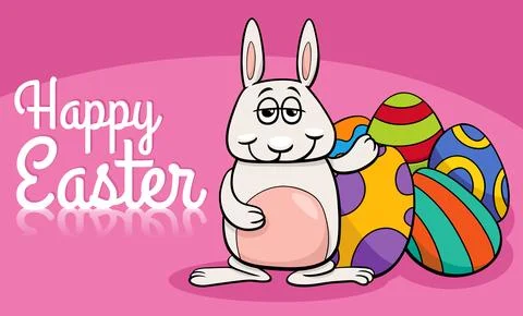 Cartoon waving Easter Bunny with colored eggs greeting card Stock Illustration