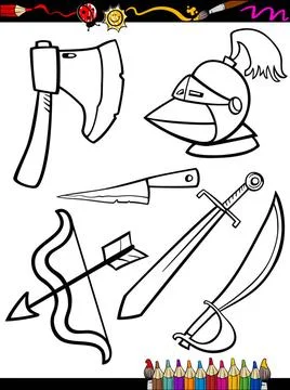 Cartoon weapons objects coloring page Coloring Book or Page Cartoon Illust... Stock Photos