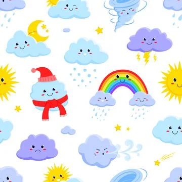 Cartoon weather characters seamless pattern, tile 스톡 일러스트