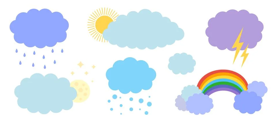 Cartoon weather vector cloud set isolated on white Stock Illustration