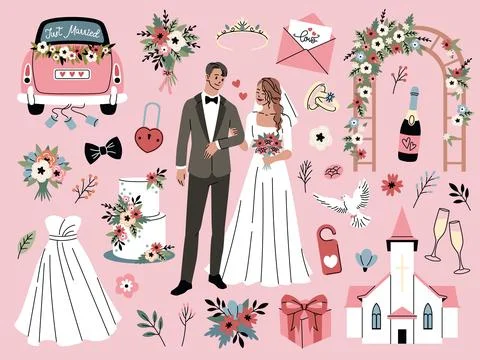 Cartoon wedding elements. Romantic party objects, bride and groom accessories Stock Illustration