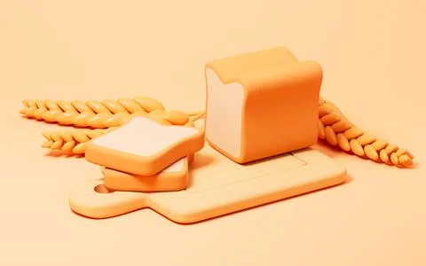 Cartoon wheat and sliced bread on the yellow background, 3d rendering. Stock Illustration