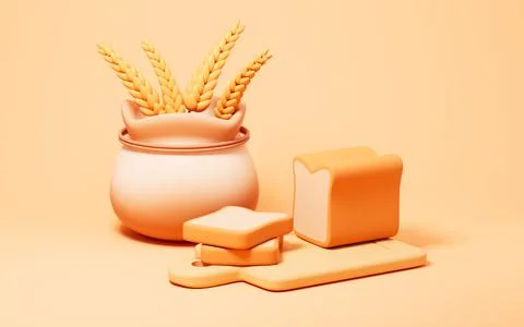 Cartoon wheat and sliced bread on the yellow background, 3d rendering. Stock Illustration