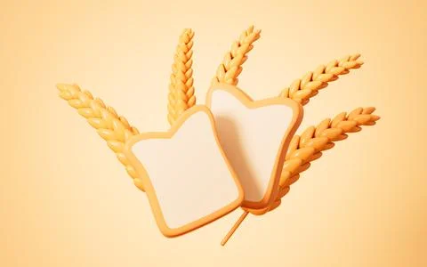 Cartoon wheat and sliced bread on the yellow background, 3d rendering. Stock Illustration