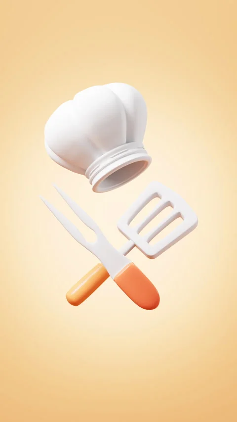 Cartoon white chef cap and bbq tools on the yellow background, 3d rendering. Stock Footage 301850720