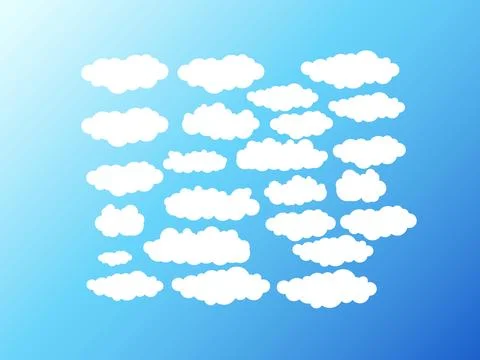 Cartoon white clouds icon set isolated on blue background. Cloudscape in fla Stock Illustration