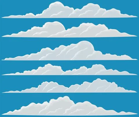 Cartoon white clouds set on blue sky background. Collection of smoke patterns Ilustração Stock