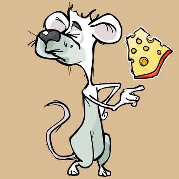 Cartoon white mouse closed her eyes and catches cheese on the fly Stock Illustration