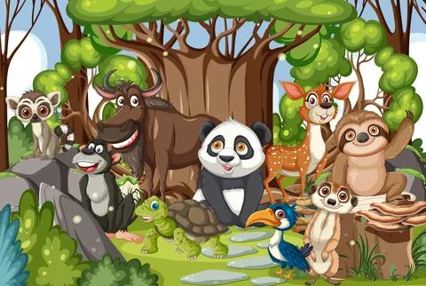 Cartoon Wild Animals Gathering in Forest Clearing Stock Illustration