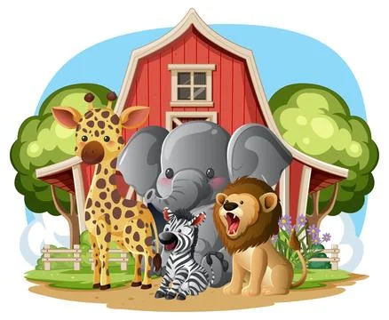 Cartoon Wild Animals Grouped in Front of Red Barn Stock Illustration