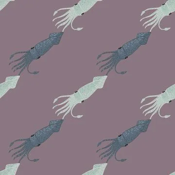 Cartoon wildlife seamless pattern with simple squid ornament. Pale purple bac Stock Illustration