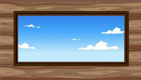 Cartoon Window View of Blue Sky and Clouds on Wood Wall Stock Illustration