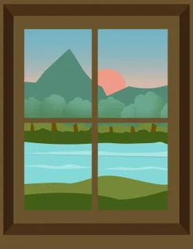 Cartoon window view. River scene. Hill, clouds, sun, windowsill. Stock Illustration