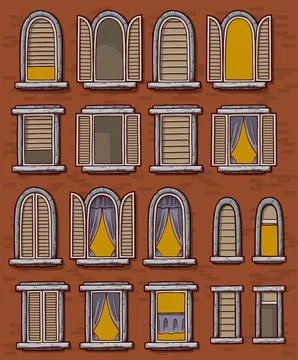 Cartoon windows with open shutters and curtains イラスト素材