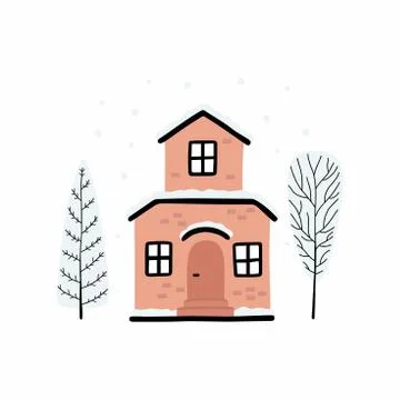 Cartoon Winter house. Vector image of a Christmas house and trees covered with Stock Illustration