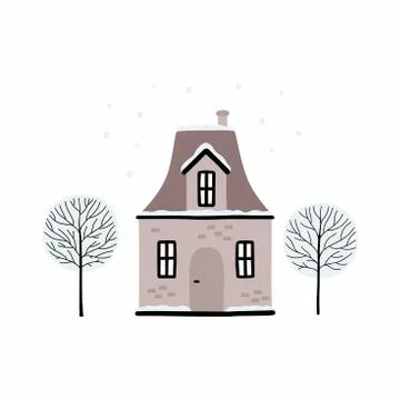 Cartoon Winter house. Vector image of a Christmas house and trees covered with Stock Illustration