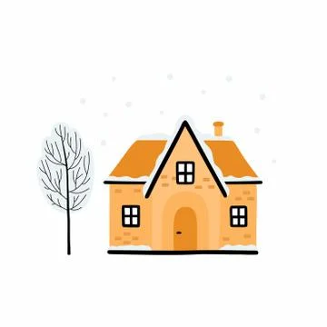 Cartoon Winter house. Vector image of a Christmas house and tree covered with Stock Illustration