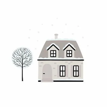 Cartoon Winter house. Vector image of a Christmas house and tree covered with Stock Illustration